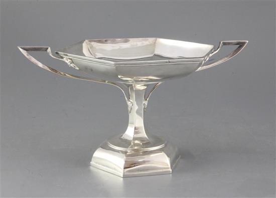 A stylish George V Art Nouveau silver two handled hexagonal tazza, by Walker & Hall, 20 oz.